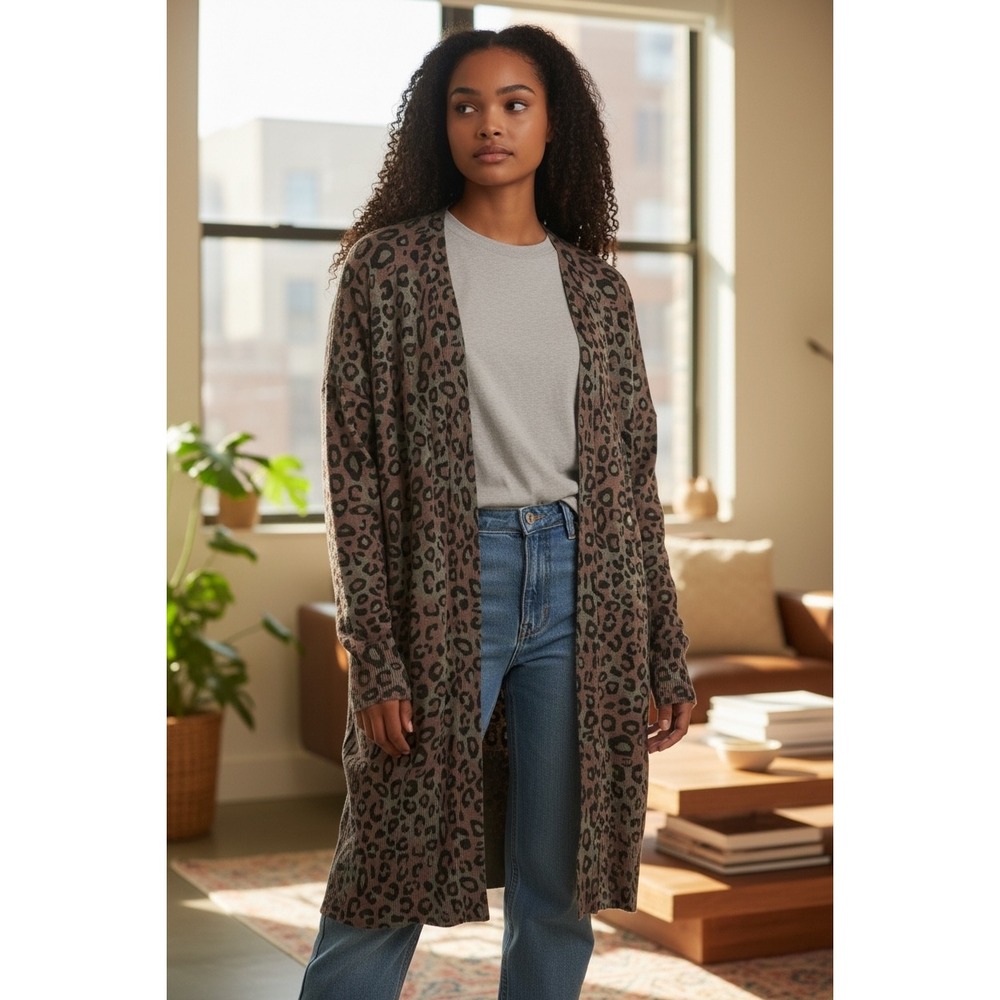 Sanctuary Leopard Print Longline Cardigan Sweater Olive Brown‎ Women's M